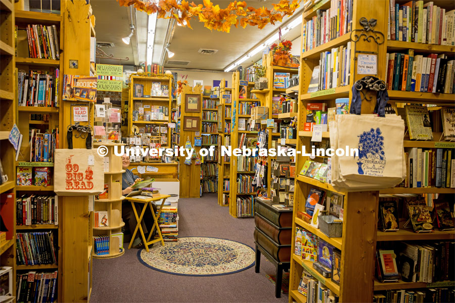 Stacks and stacks of bookshelves inside A Novel Idea Bookstore. About Lincoln at A Novel Idea Bookstore. October 18, 2023. Photo by Kristen Labadie / University Communication.
